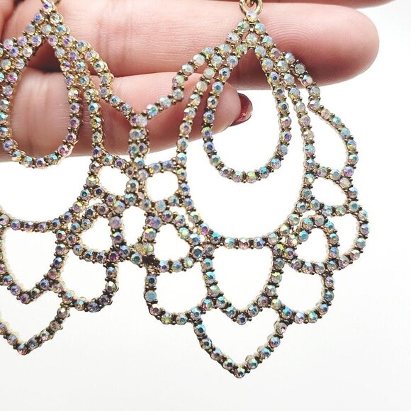 Large AB Rhinestone Drop Dangle Earrings 3.5" Modern Pierced Sparkle Bling EUC - Picture 7 of 8